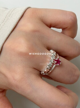 WISHGOOGOO一颗小星星锆石戒指女ins925纯银深玫红色五角星开口戒