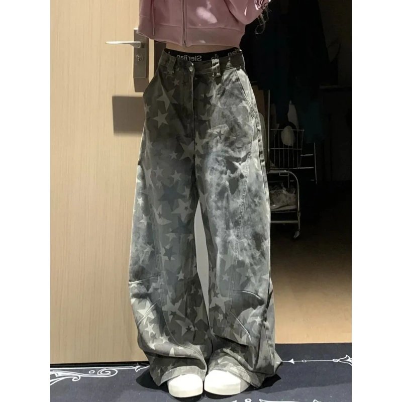 美式高街复古星星印花渐变牛仔裤女高腰宽松休闲百搭阔腿拖地长裤,淘宝优惠券,粉丝福利购,淘宝优惠卷