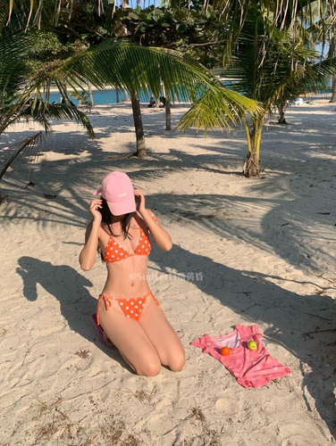 Sunset日落黄昏橙色波点比基尼三点式绑带性感度假风泳衣女 - 图1