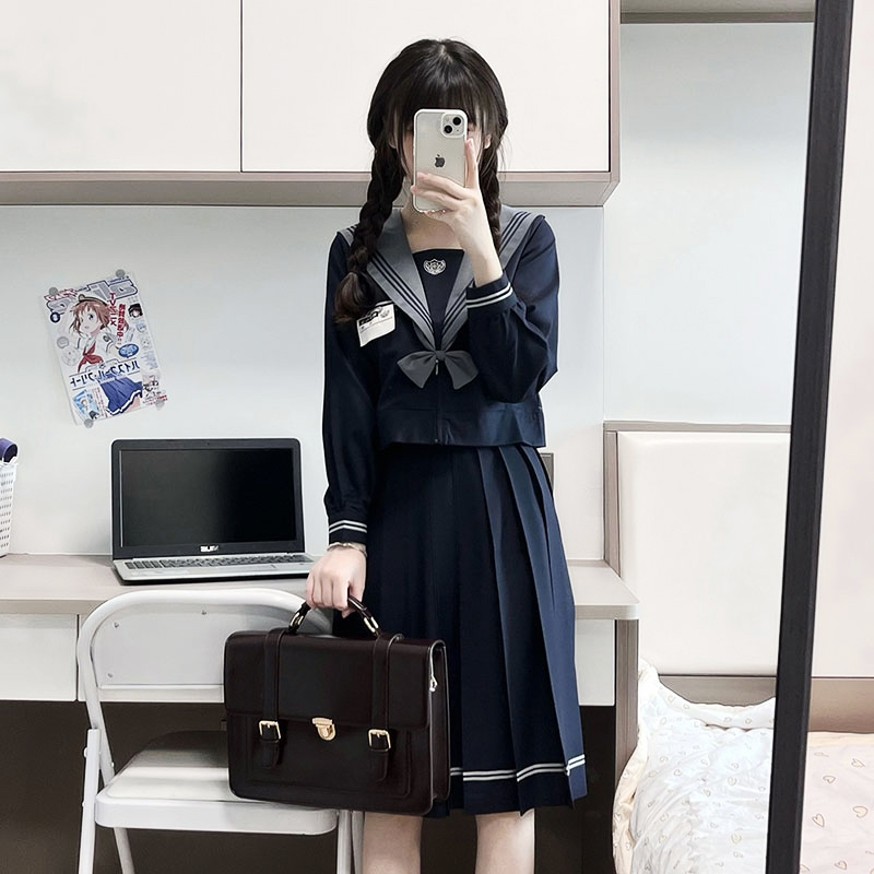 十字银河原创崎野私立水手服中间服套装绀三本长袖秋冬上衣JK制服-图0