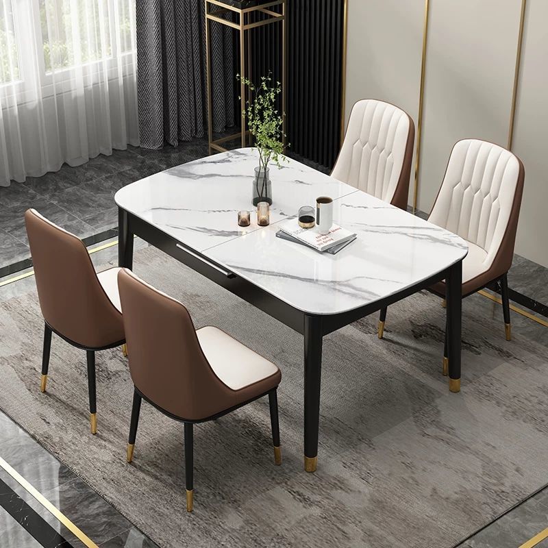 意式岩板餐桌椅组合轻奢家用小户型现代简约伸缩电磁炉长方形桌