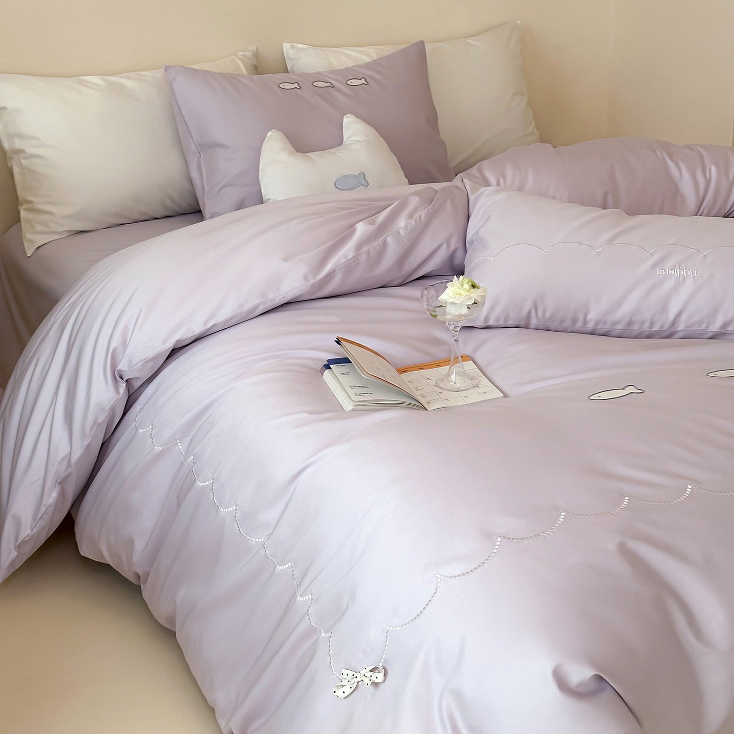 奶油ins风100长绒棉儿童四件套紫色床单刺绣纯棉被套裸睡透气床品,淘宝优惠券,粉丝福利购,淘宝优惠卷