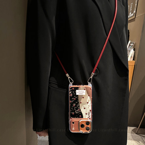 lizardhill 镜面简约红波点适用苹果17promax手机壳新款16pro高级感女iphone15斜挎可背带挂绳14新年13p软壳 - 图0