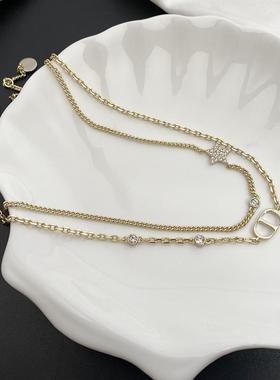 CD星镶钻双层项链浅金色颈