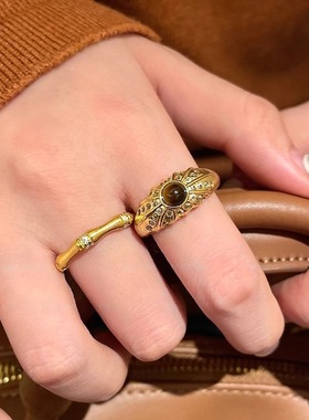 金色虎眼石开口戒指女轻奢高级感复古食指戒小众设计叠戴气质指环
