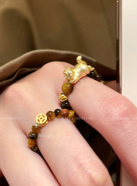 雅丹风格虎眼石铜币串珠戒指女性小众设计中世纪食指戒指可达奢华