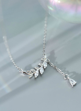 不对称叶子流苏项链水滴锆石女士