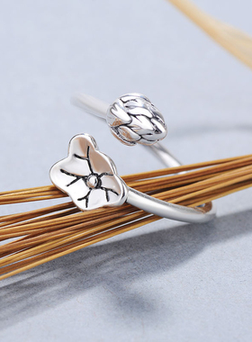 s925纯银简约气质荷花开口戒指