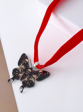 哥特式新款骷髅蝴蝶吊坠绒带项链