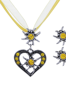 复古爱心雪绒花镶钻项链耳环套装