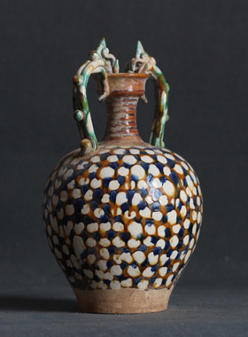 唐三彩双龙瓶陶瓷瓶子四系罐点彩仿古摆件执壶酒店装饰品古玩收藏