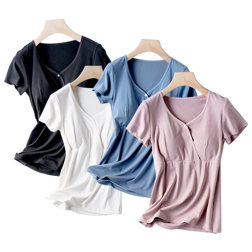 哺乳睡衣纯棉上衣短袖夏薄款产后t恤带胸垫家居服喂奶孕妇月子服 - 图3