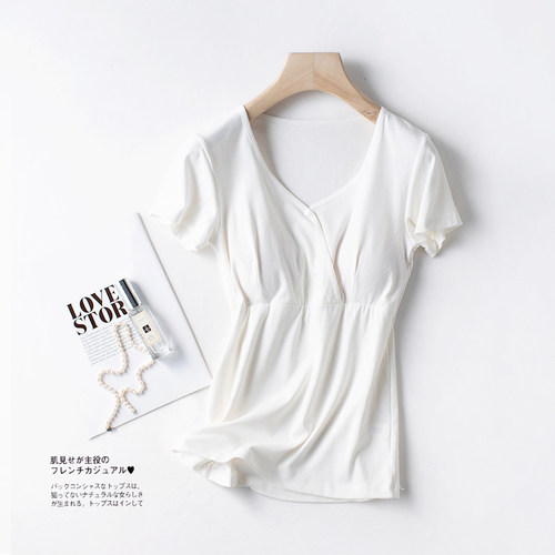 哺乳睡衣纯棉上衣短袖夏薄款产后t恤带胸垫家居服喂奶孕妇月子服 - 图1