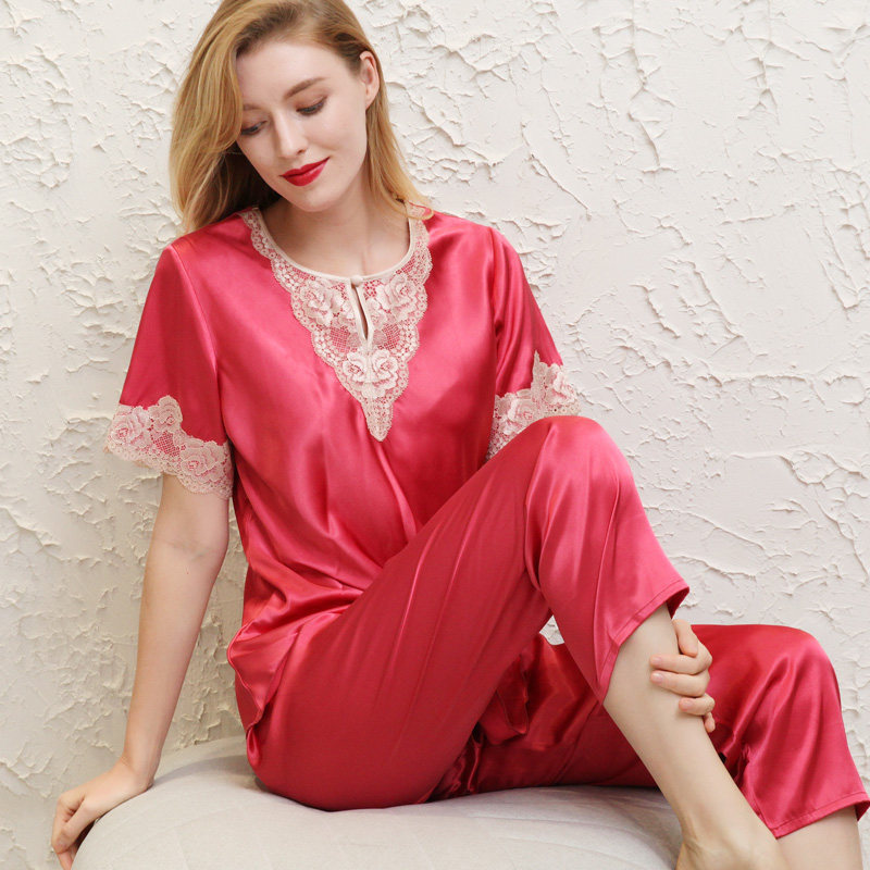 女士冰丝两件套洋气短袖套装睡衣 桑蝶服饰睡衣/家居服套装