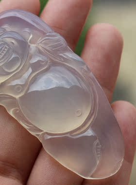 天然原色笑佛毛衣链玉髓吊坠