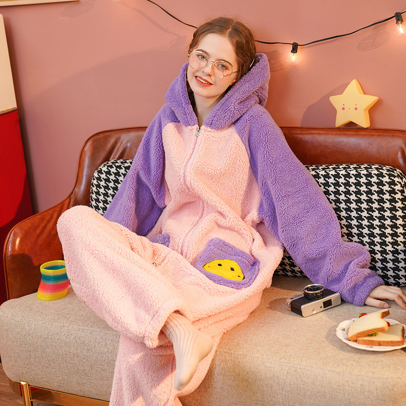 男秋冬加绒卡通宽松笑脸连体睡衣 浅尚玫瑰睡衣/家居服套装