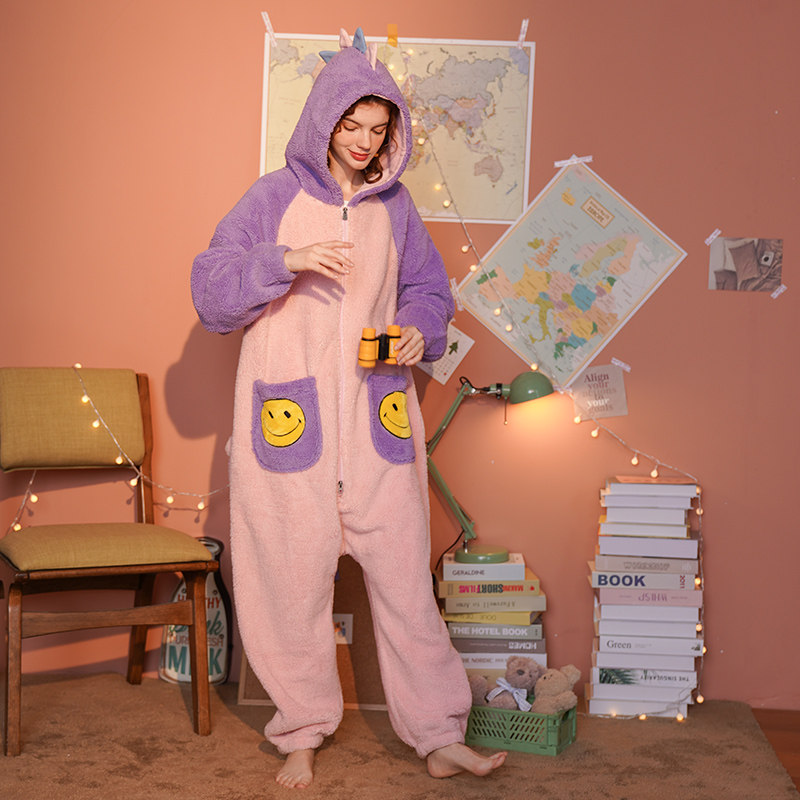 连体冬新款加厚珊瑚绒加绒可爱睡衣 浅尚玫瑰睡衣/家居服套装