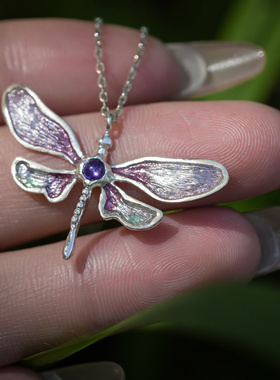 阿林原创手工高温珐琅蜻蜓足银链子可调节