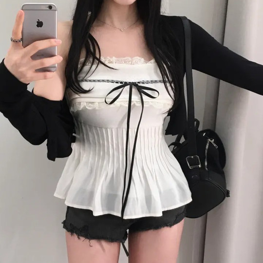 FabGirls 法式少女花边拼接蝴蝶结绑带抹胸背心 百搭甜美显瘦上衣