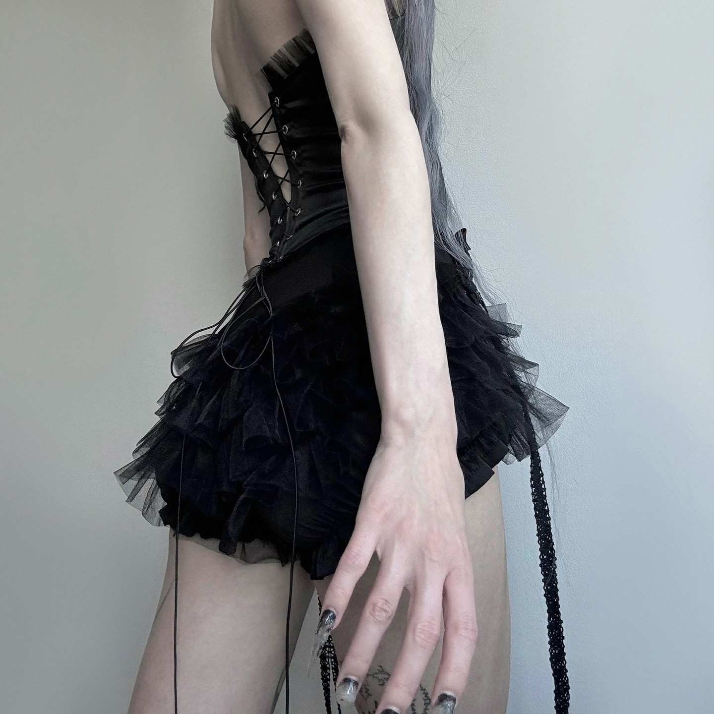 FabGirls 暗黑魔女蕾丝拼接层叠低腰半身裙 复古百搭显瘦a字短裙 - 图2