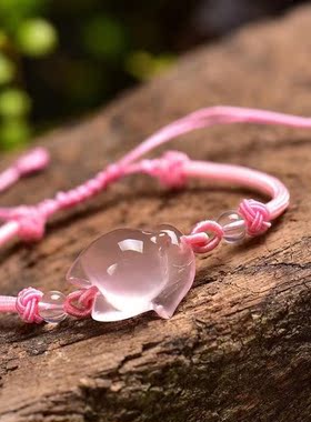 粉水晶大头狐狸手串手工编绳