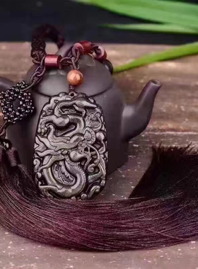天然金曜石龙牌车挂 龙牌金曜石车饰 黑曜石金龙车挂件