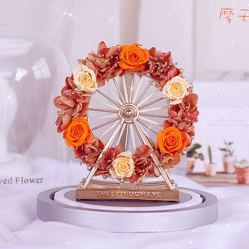 情人节幸福摩天轮玻璃罩摆件玫瑰花闺蜜生日礼物橙色客户永生花-图1