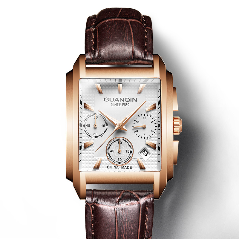 新款冠琴长方形皮带手表瑞士时尚男休闲真皮精钢夜光日历国产腕表