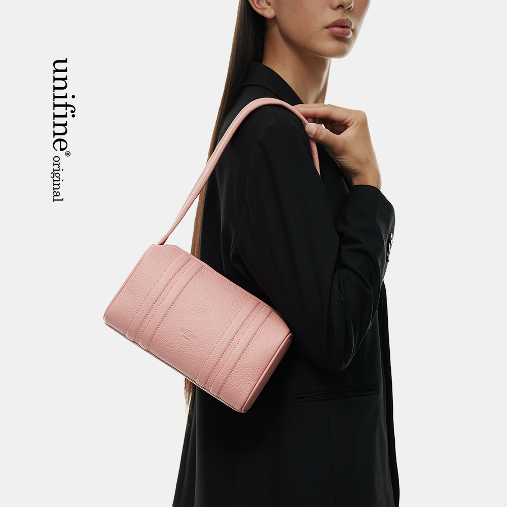 unifine新款粉色圆筒包女小众设计真皮腋下包单肩手提包包 - 图0