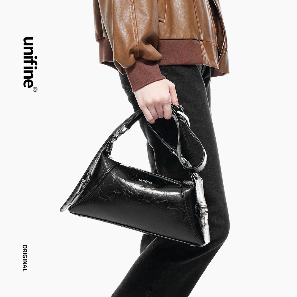 unifine夏季新款女包黑色枕头包单肩斜挎包机车风小众设计师包包 - 图2