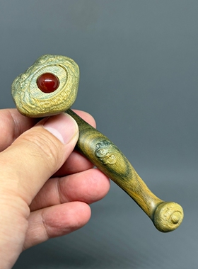 天然绿檀木雕如意文玩把件工艺品