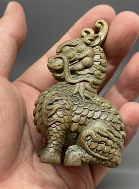 木头玩家转运麒麟天然绿檀木雕刻