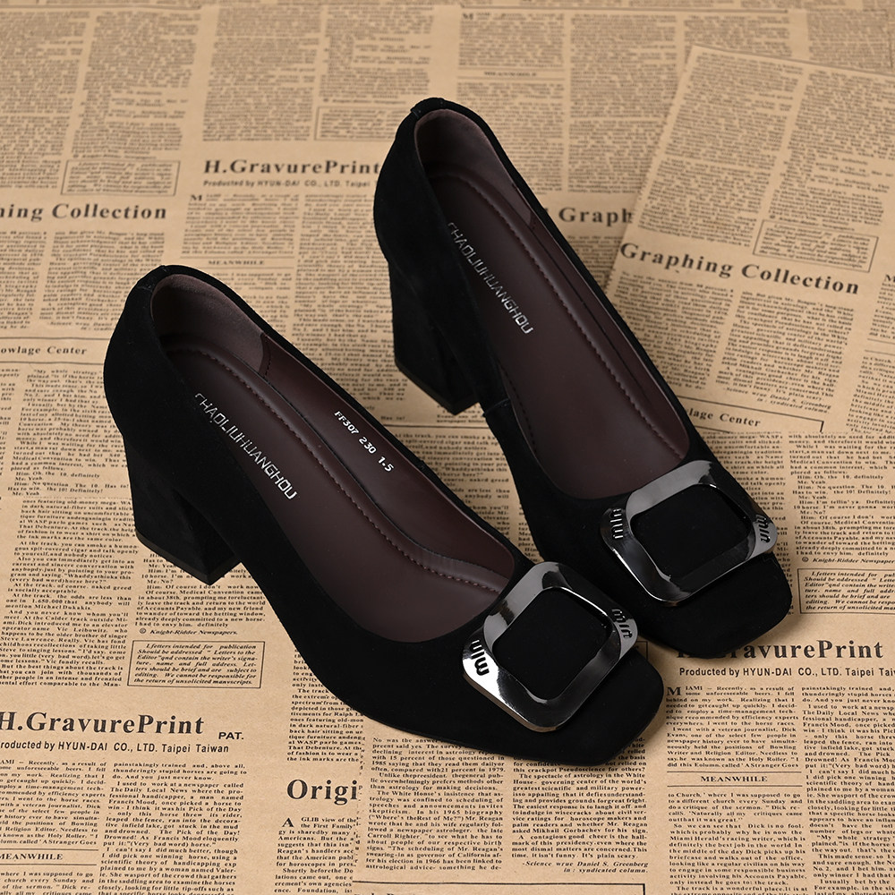 法式真皮时尚方扣绒面粗跟单鞋春秋气质方头浅口女鞋不累脚高跟鞋,淘宝优惠券,粉丝福利购,淘宝优惠卷