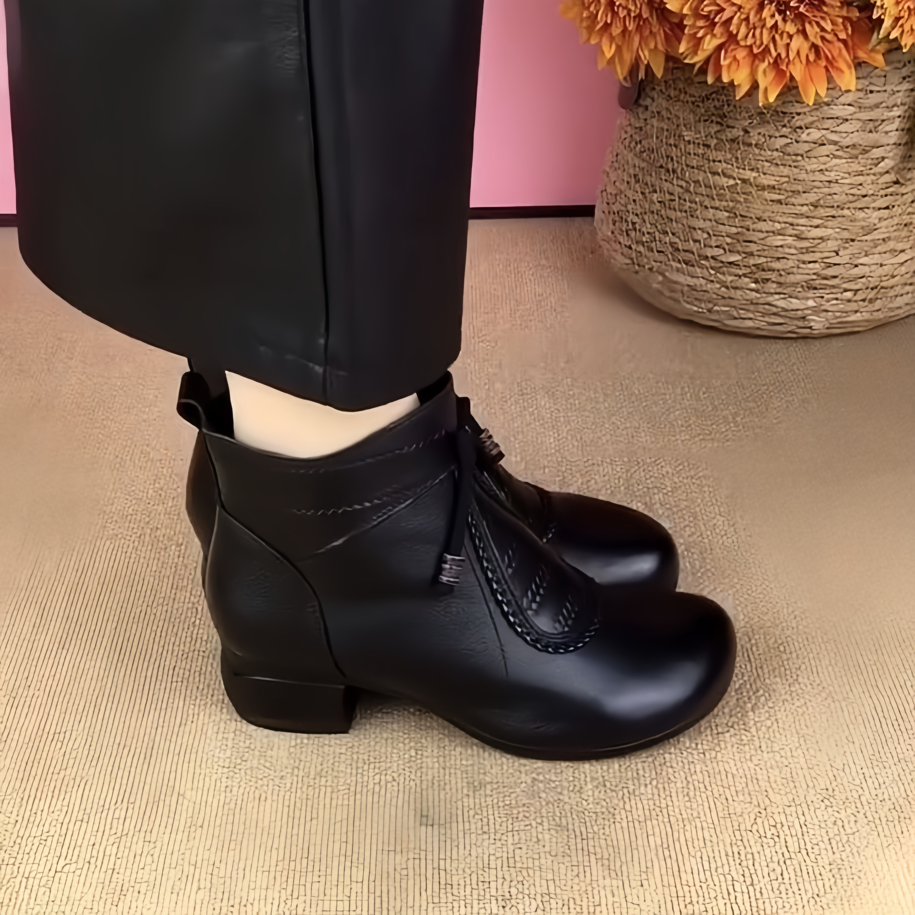 真皮短靴女2025秋冬新款粗跟马丁靴百搭单靴中跟软底复古女靴跳舞,淘宝优惠券,粉丝福利购,淘宝优惠卷