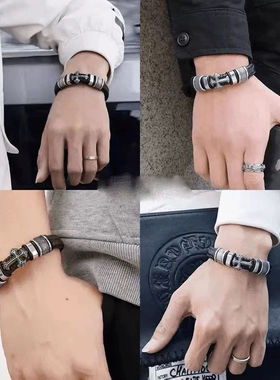 欧美黑武士男士皮手绳潮人朋克重金属十字架编织高级时尚个性手链