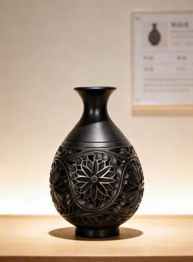中式镂空雕花黑陶花瓶摆件伴手礼