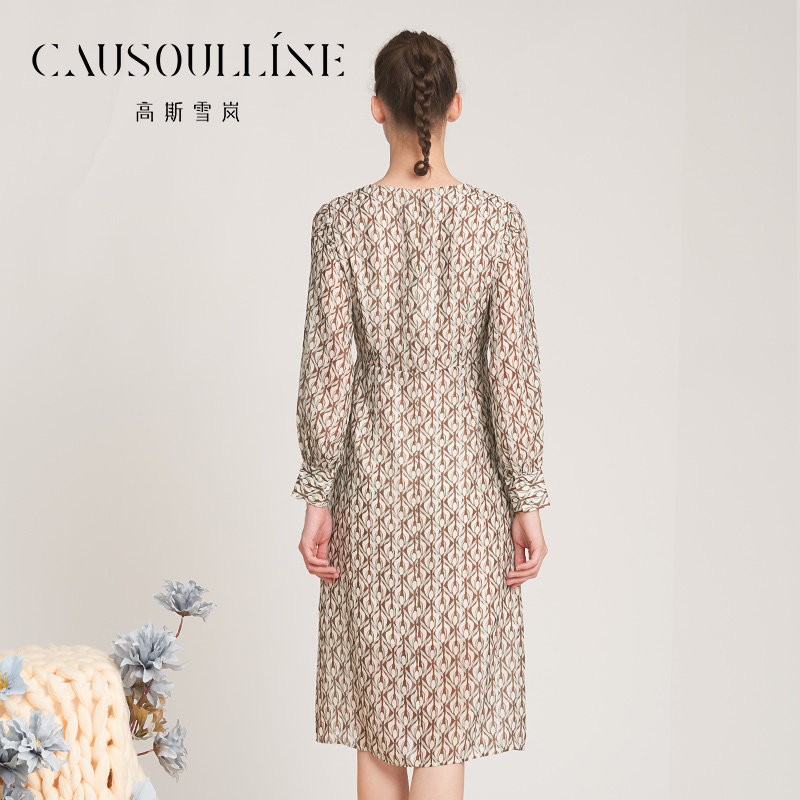 高斯雪岚2022年秋装新款中长款连衣裙女V领时尚印花裙子商场同款,淘宝优惠券,粉丝福利购,淘宝优惠卷