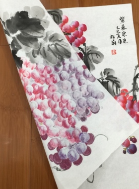卢柏莉手绘国画葡萄三尺斗方紫气东来丰收硕果餐厅走廊玄关装饰画