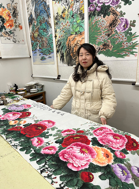 杜静丽手绘八尺横幅国画牡丹花开富贵客厅办公室宣纸画作品240*96