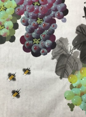 杜静丽手绘国画葡萄四尺斗方硕果飘香客厅走廊餐厅玄关中式装饰画