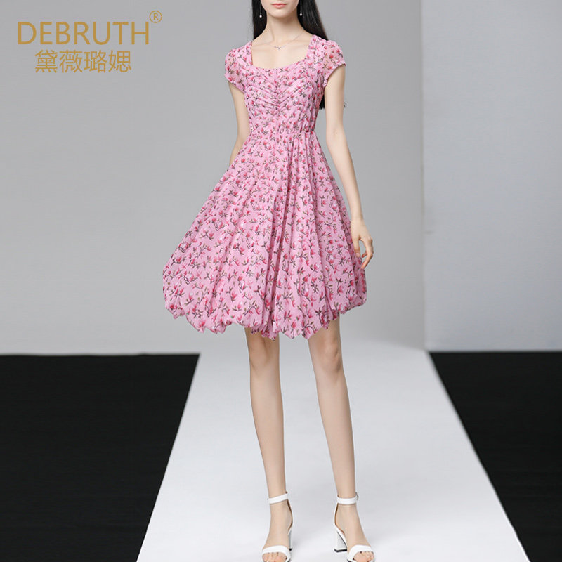 黛薇璐媤粉色碎花印花网不连衣裙 黛薇璐媤女装连衣裙