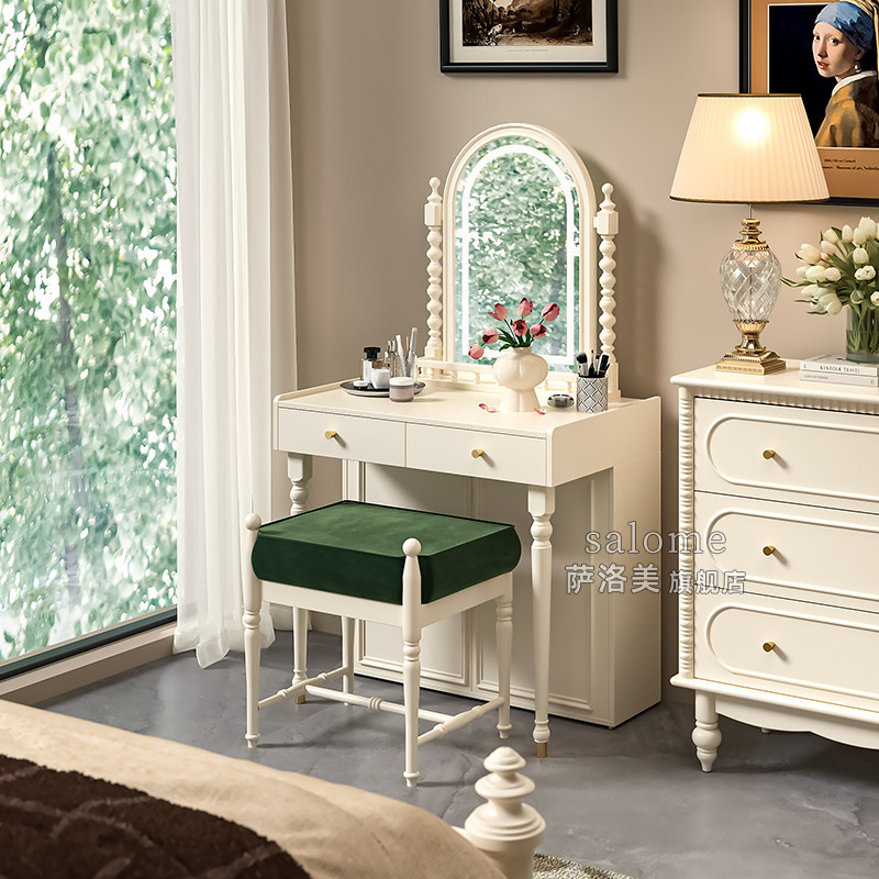 法式实木化妆桌梳妆台小户型卧室桌子中古书桌一体带置物架储物柜,淘宝优惠券,粉丝福利购,淘宝优惠卷