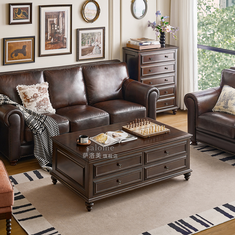 美式复古全实木茶几电视柜组合客厅家用轻奢高级感中古储物茶几桌 - 图2