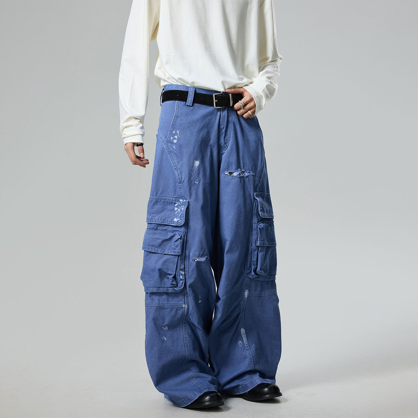 BTSG复古水洗结构泼墨补丁立体口袋法工裤Cleanfit褶皱阔腿工装裤,淘宝优惠券,粉丝福利购,淘宝优惠卷