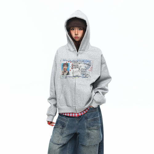 BTSG 美式复古街头印花boxy正肩连帽卫衣 baggy宽松拉链开衫外套 - 图2