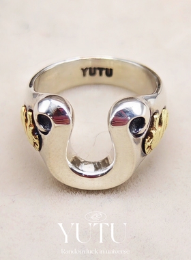 原创设计S925银黄铜拼色马蹄铁马头戒指个性百搭