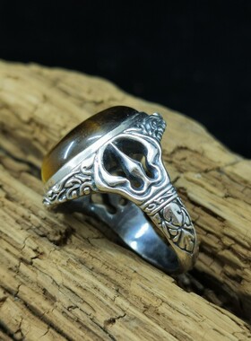 1％CLUB原创手工唐草纹精钢杵925纯银虎眼石戒指复古时尚礼品男女