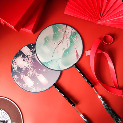 复古风圆扇长柄流苏中国风夏季团扇旗袍宫扇古装饰汉服女舞蹈扇子 虎窝淘