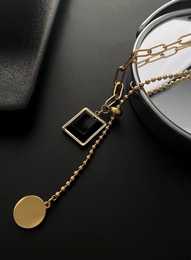 复古祖母绿黑色几何方块拼接项链锁骨链小众可调节冷淡风钛钢颈链