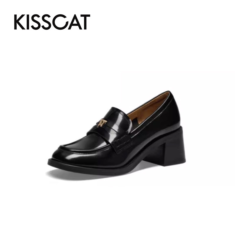 KISS CAT/接吻猫春秋牛皮乐福鞋粗高跟法式复古单鞋女KA43542-50,淘宝优惠券,粉丝福利购,淘宝优惠卷